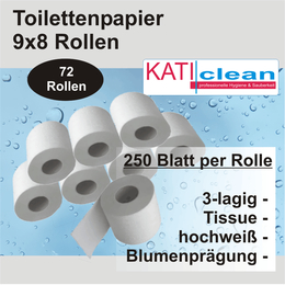 Toilettenpapier 3-lagig, 9x8 Rollen mit 250 Blatt,...