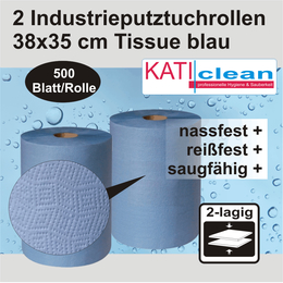 2 Industrieputztuchrollen 38x35cm Tissue blau 2lg, 500...